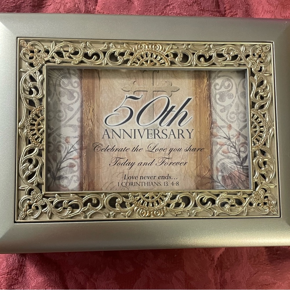 Elegant Gold Anniversary Picture Frame and Music Box Plays Wind Beneath My Wings